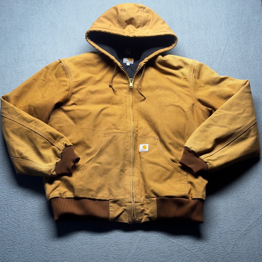 Carhartt Active Jacket Mens Medium Brown Duck Canvas Quilted Flannel Hooded Coat
